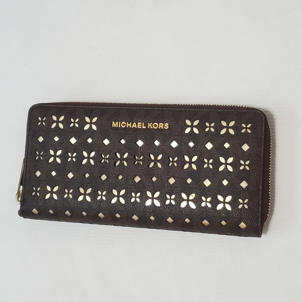 Michael Kors Jet Set Perforated Logo Wallet Brown Gold